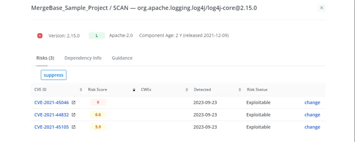 MergeBase shows us all the known vulnerabilities at play in this library